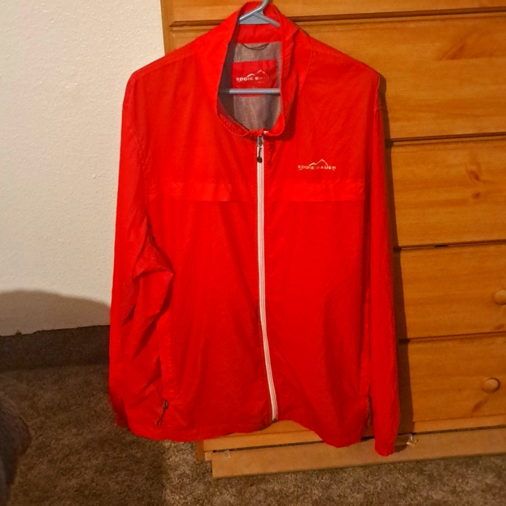 EDDIE BAUER Mens Red Windbreaker Rain Jacket Coat With Gray Mesh X Large XL